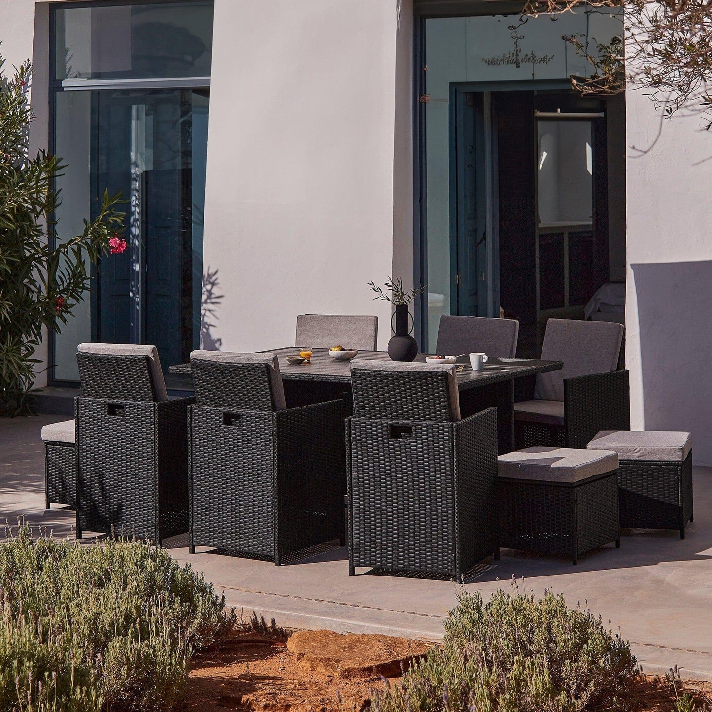 10 Seater Rattan Cube Outdoor Dining Set - Black Weave Polywood Top