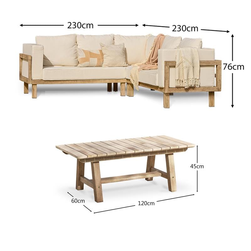 Shiro 120cm Coffee Table and Akira Wooden Corner Sofa with Cushions - Linen - Laura James