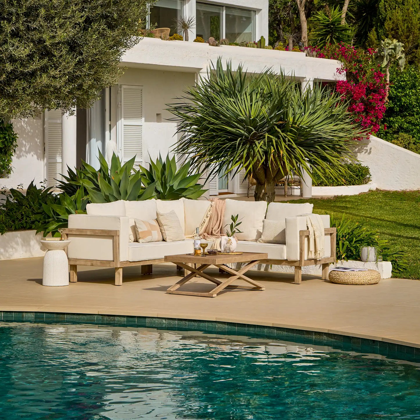 Akira Wooden Corner Sofa Set with Shiro Coffee Table - Laura James