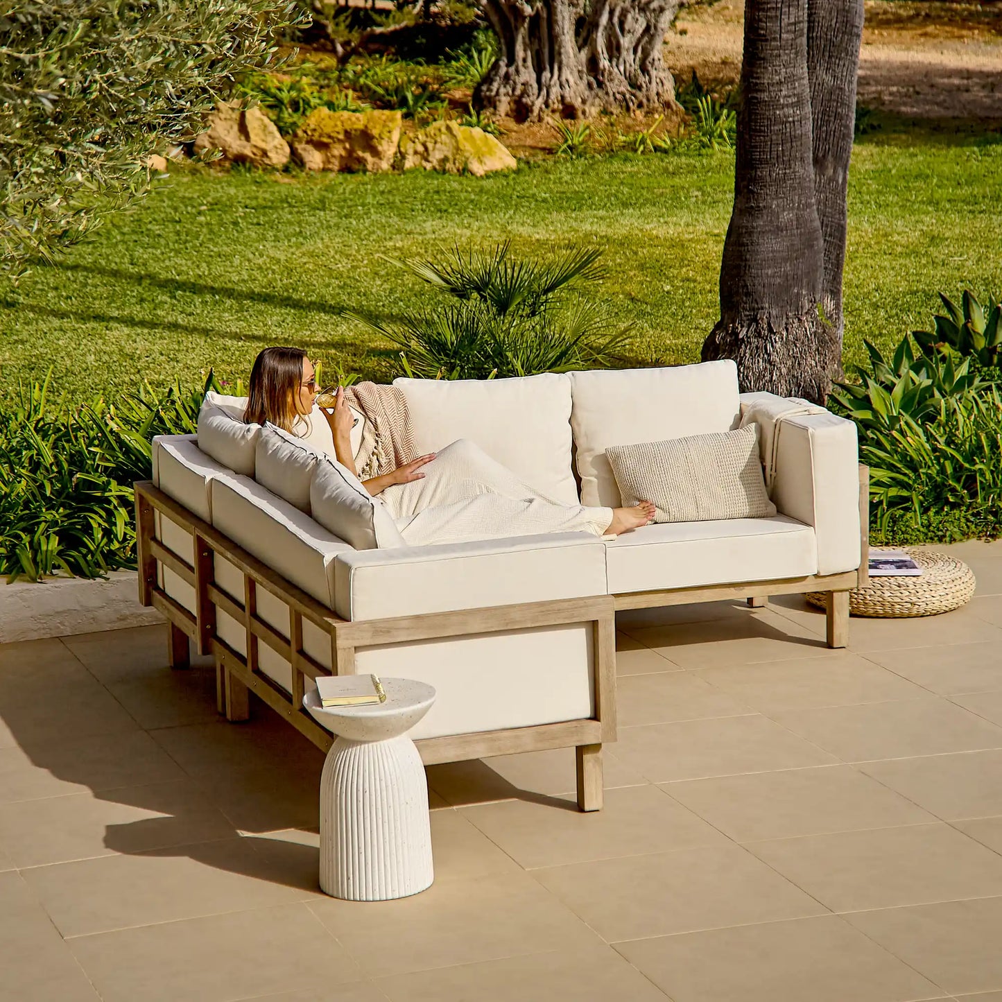 Akira Wooden Corner Sofa Set with Shiro Coffee Table - Laura James