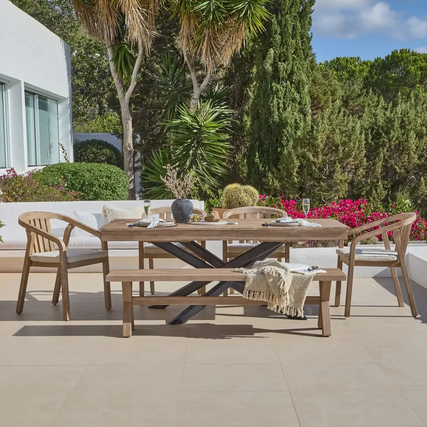 Amelia Wooden Rectangular Dining Table Set with Charlotte 170cm Dining Bench and 4 x Shiro Dining Chair with Cushions - Cotton White