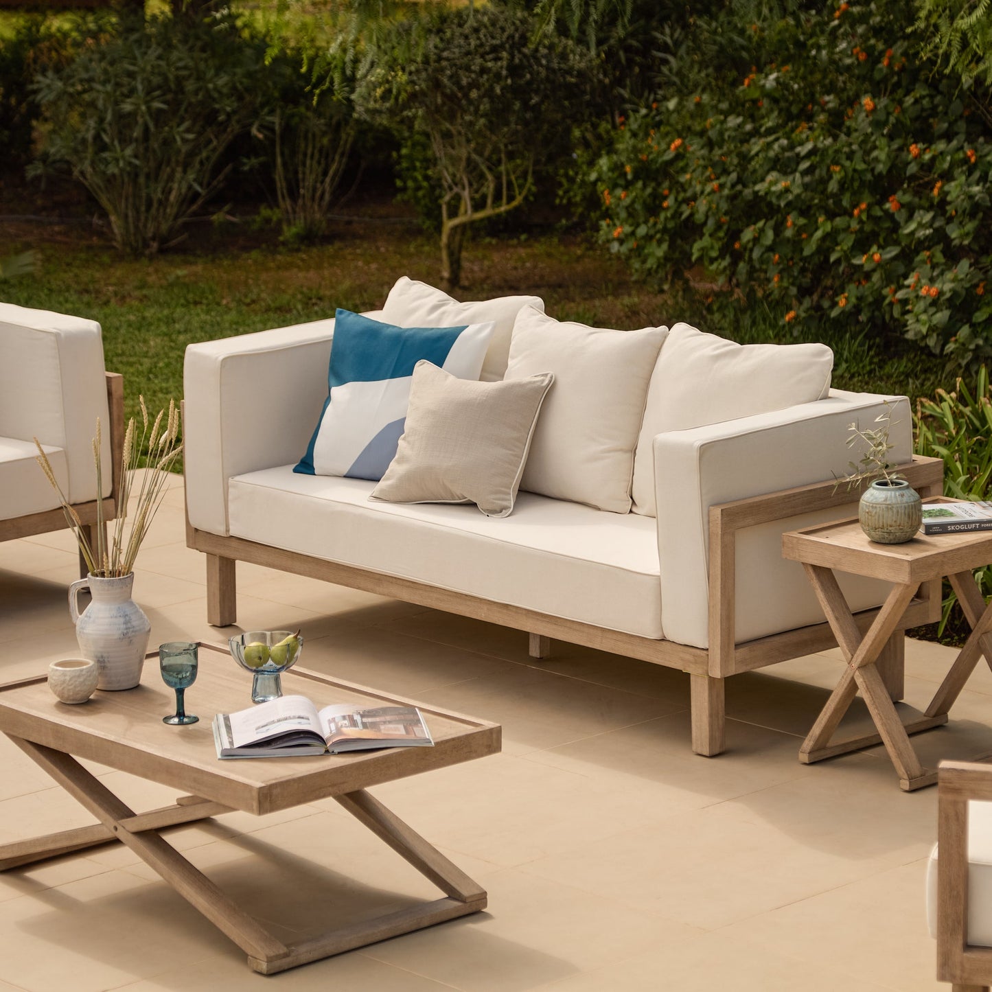 Akira 8 Seater Wooden Garden Sofa Set with Coffee and 2 Akira Side Tables - Laura James