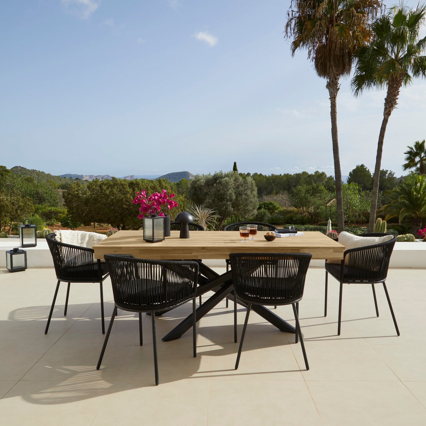 Amelia 6 Seater White Acacia Wood Black Legs Garden Dining Set - Hali Black Chairs - Laura James