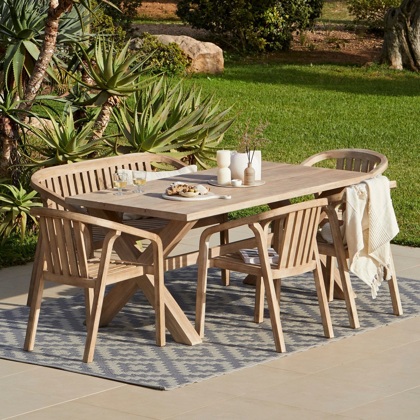 Charlotte 6 Seater Wooden Garden Dining Set with 4 Shiro Chairs & Bench - Laura James