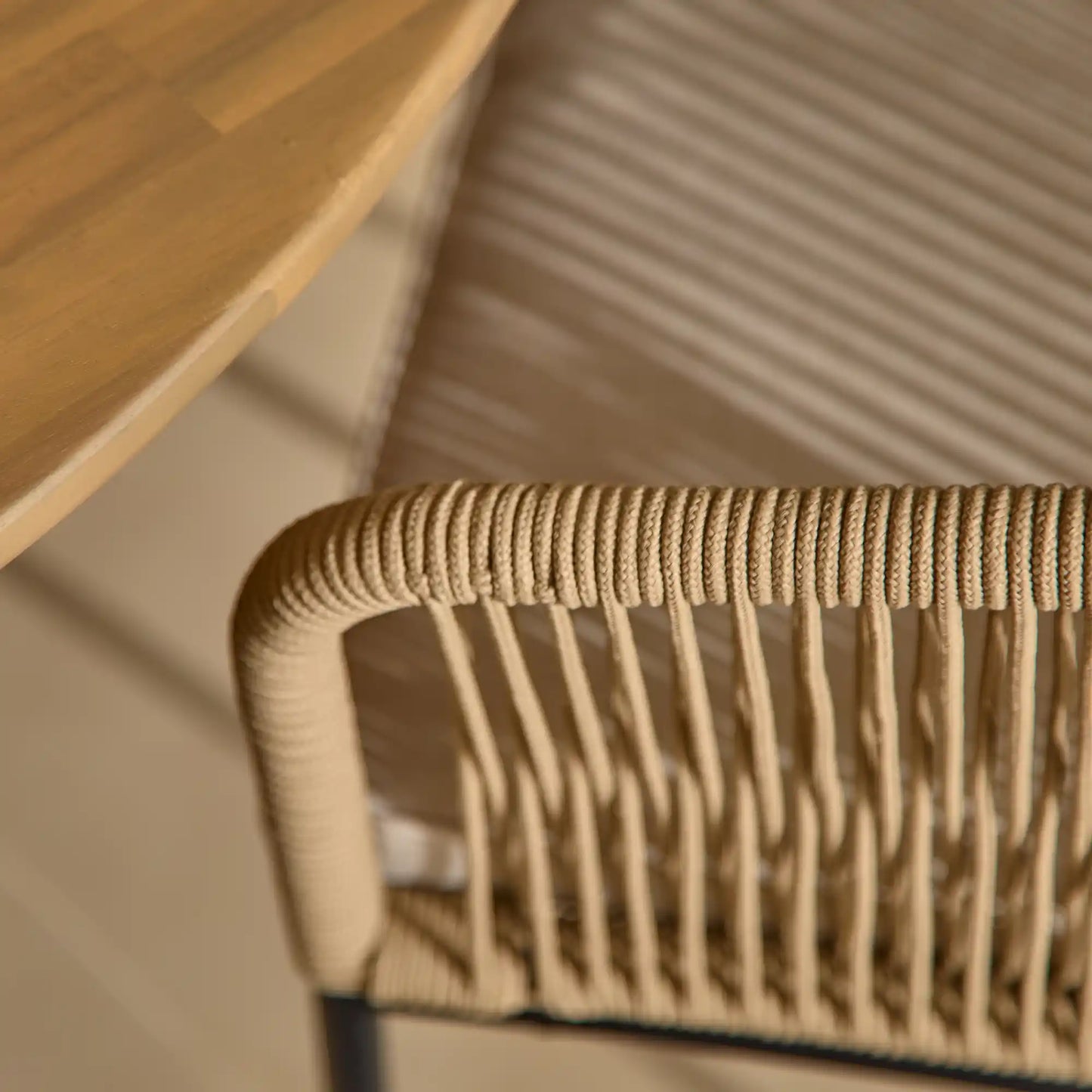 Ezra Whitewash Round Outdoor Dining Set with Natural Hali Rope Chairs - Laura James