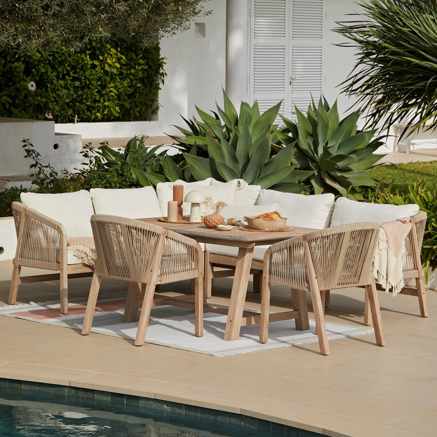 Shiro Wooden Garden Corner Dining Sofa Set with Nala Rope Chairs - Laura James