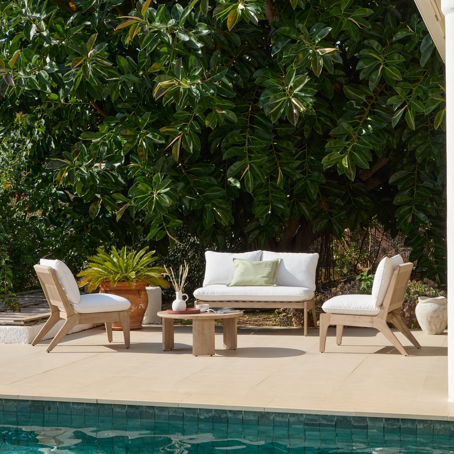 Mali Wooden Garden Sofa Set with Coffee Table & 2 Mali Chairs - Laura James