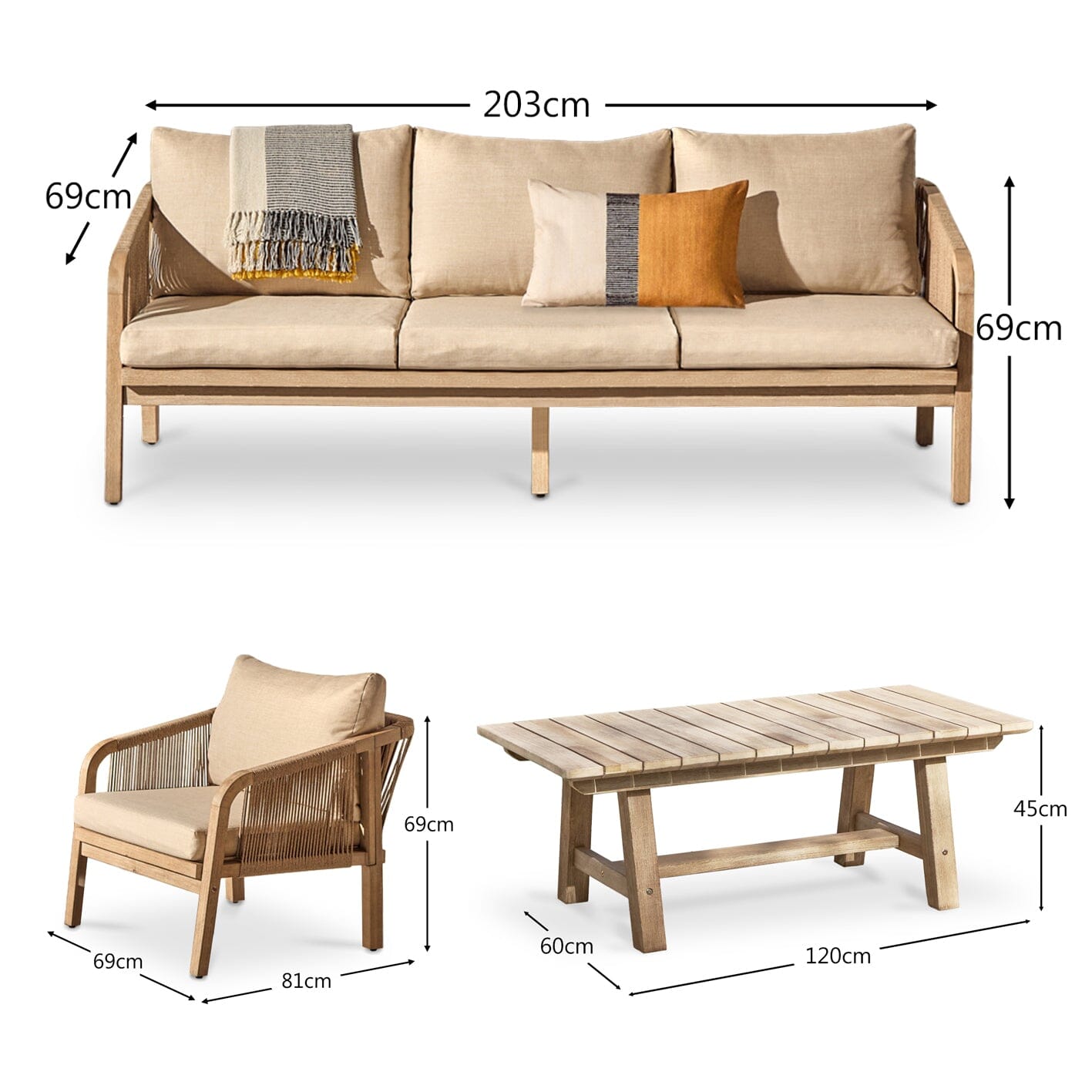 Shiro 3 Seater Whitewash Sofa Set with Shiro Occasional Armchairs and Rectangular Coffee Table - Laura James