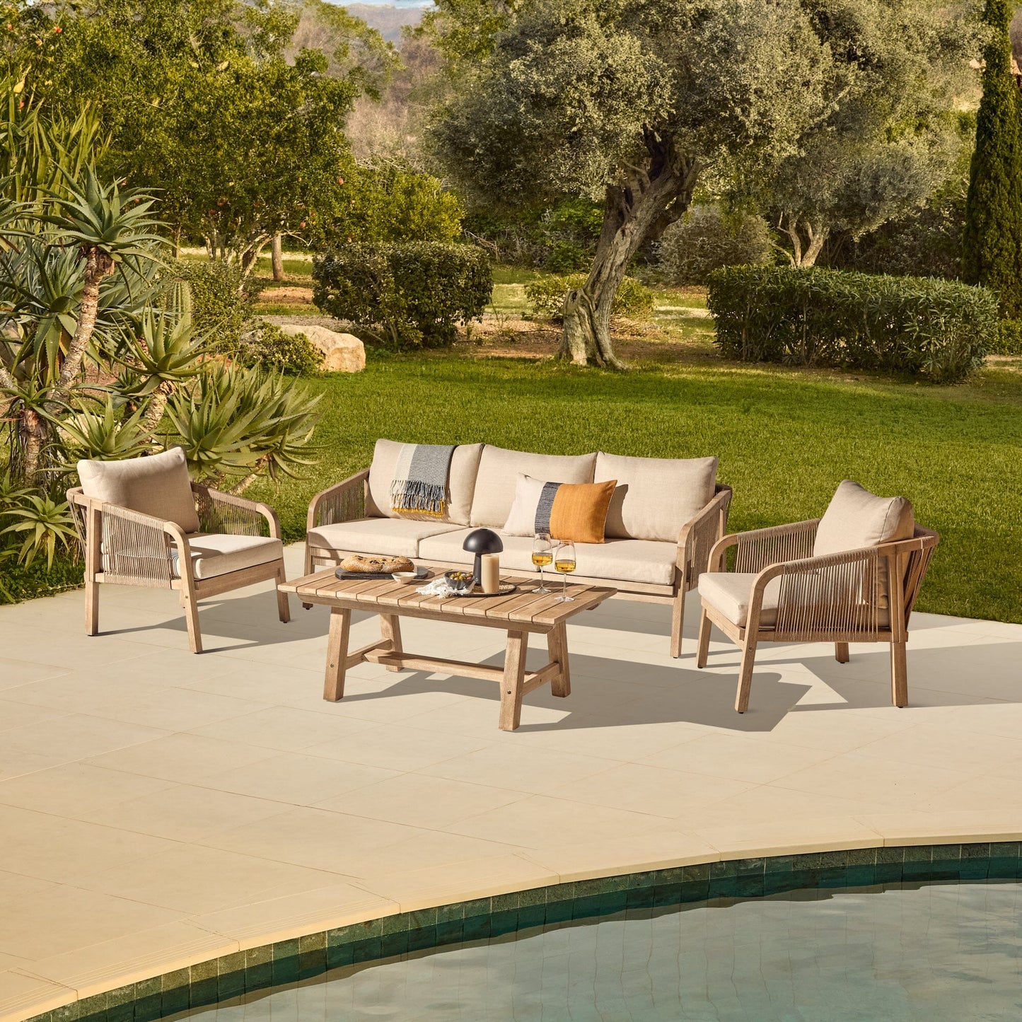 Shiro 3 Seater Whitewash Sofa Set with Shiro Occasional Armchairs and Rectangular Coffee Table - Laura James