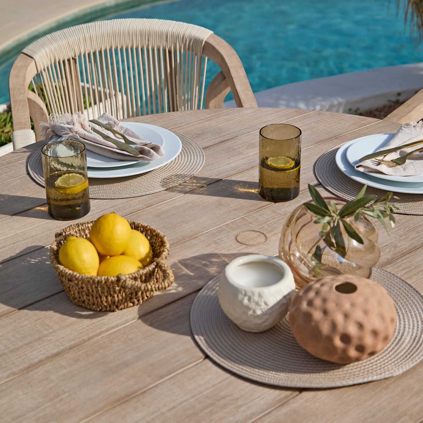 Shiro 4 Seater Round Wooden Garden Dining Set with Shiro Beige Rope Dining Chairs - 120cm - Laura James