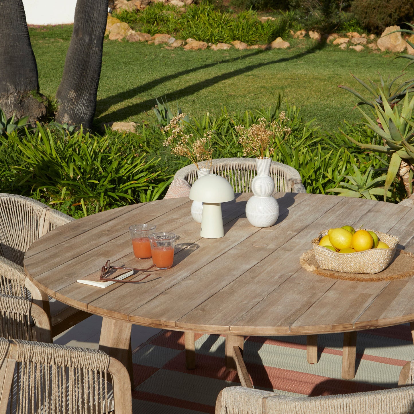 Shiro 6 Seater Wooden Round Dining Set with 6 Nala Sand Chairs - Laura James