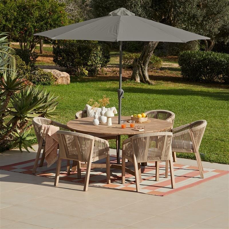 Shiro Wooden Round Dining Table Set with Nala Dining Chairs and Grey Parasol - Laura James