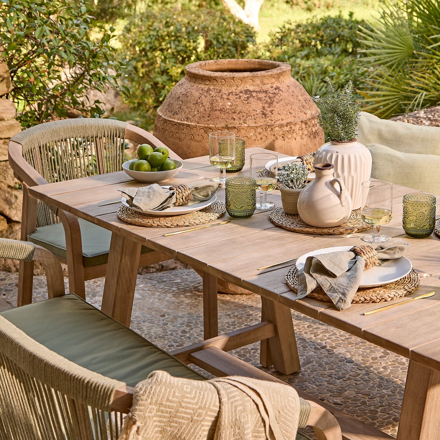 Shiro 6 Seater Wooden Garden Dining Set with Shiro Green Rope Chairs & Bench - 180cm - Laura James