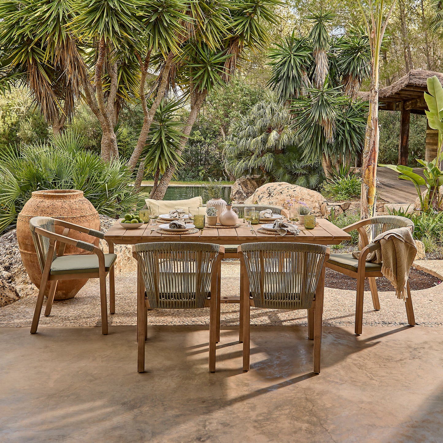Shiro 6 Seater Wooden Garden Dining Set with Shiro Green Rope Chairs & Bench - 180cm - Laura James