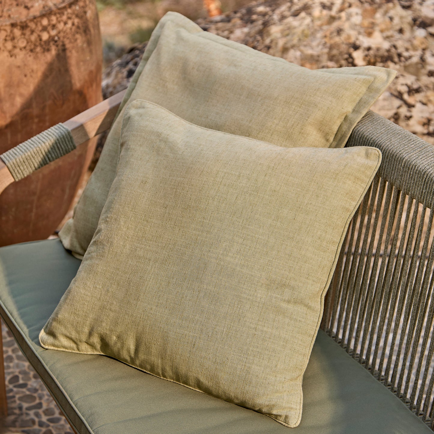 Shiro 6 Seater Wooden Garden Dining Set with Shiro Green Rope Chairs & Bench - 180cm - Laura James