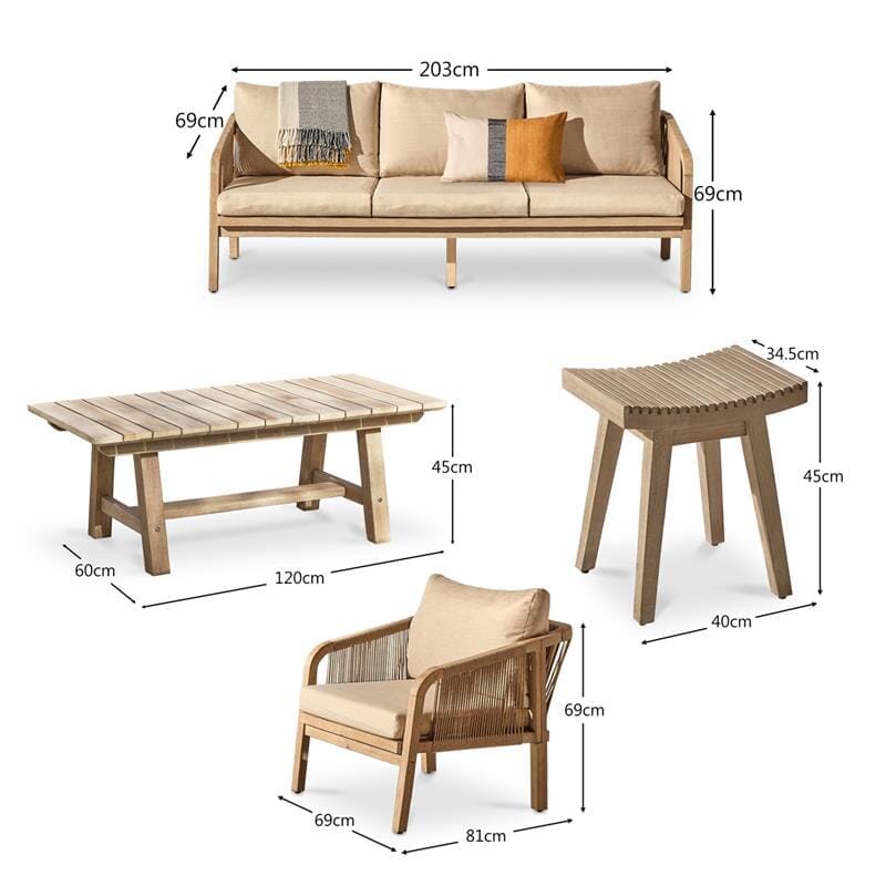 Shiro Wooden Garden Set with 3 Seater Sofa - 2 Shiro Armchairs - 2 Stools & Coffee Table - Laura James