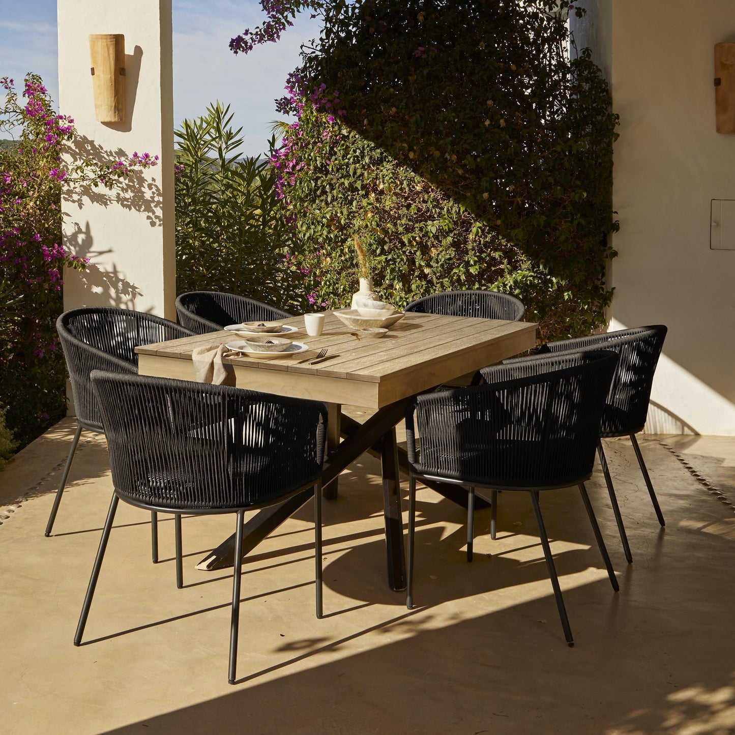 Amelia 4 Seater Whitewash Wood Black Legs Garden Dining Set - Hali Black Chairs