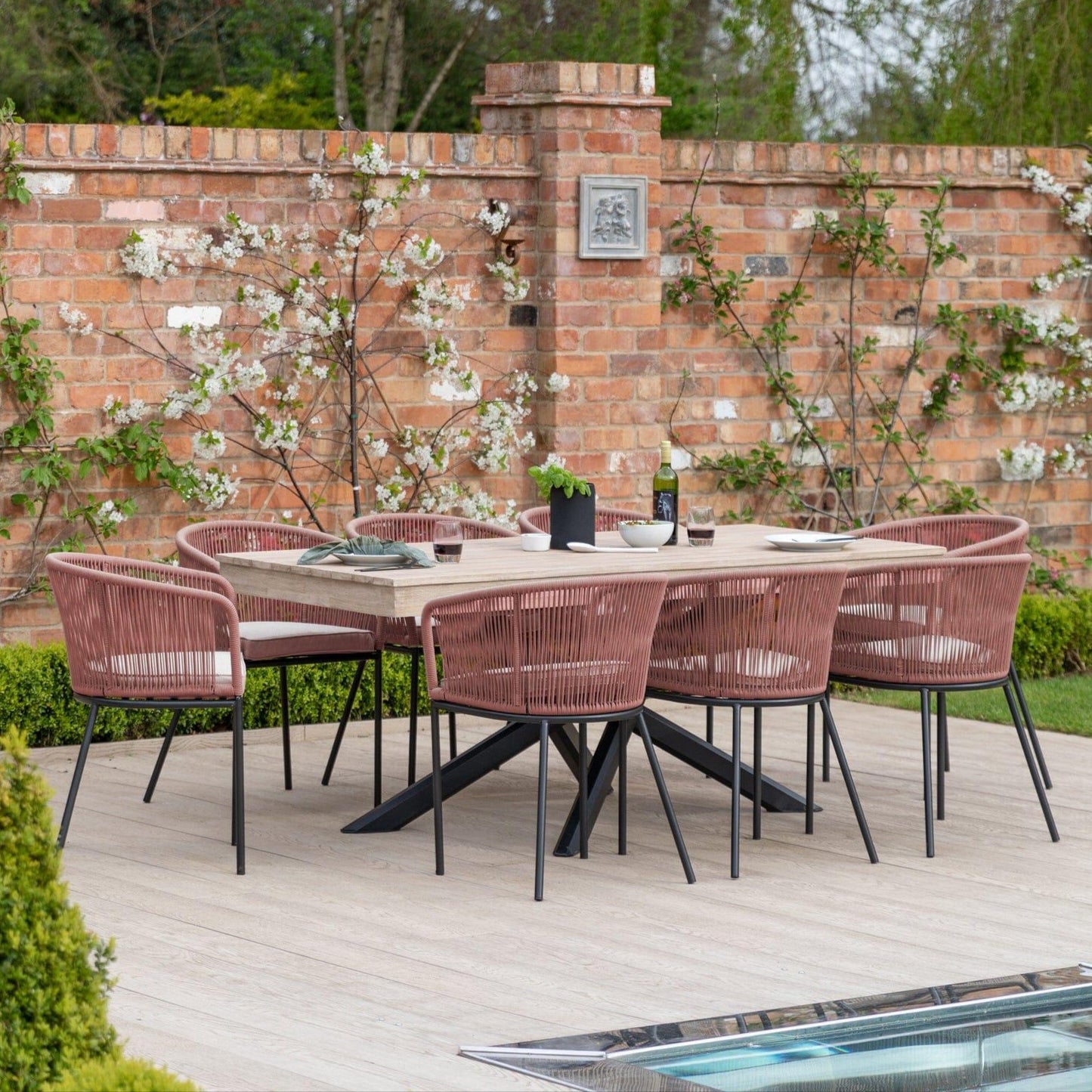 Amelia 8 Seater Whitewash Wood Black Legs Garden Dining Set - Hali Pink Chairs - Laura James
