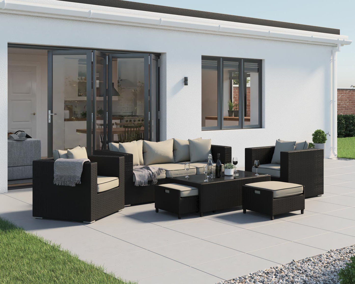 Ascot 3 Seater Rattan Garden Sofa Set in Black and Vanilla