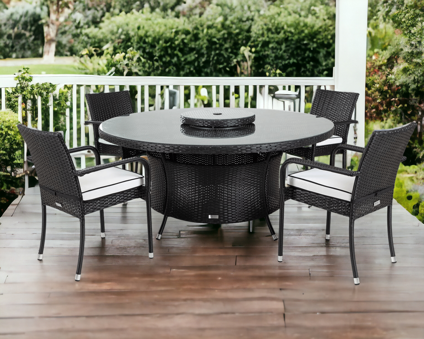 Roma 4 Rattan Garden Chairs, Large Round Dining Table and Lazy Susan Set in Black and Vanilla