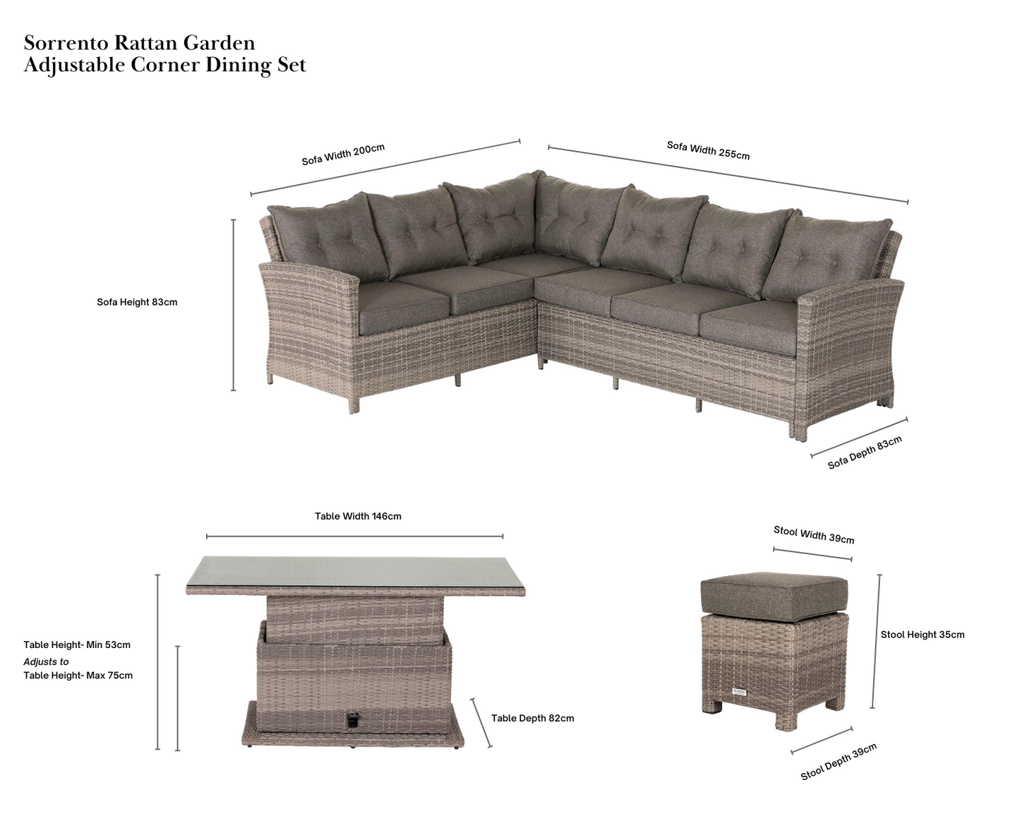 Sorrento Rattan Garden Adjustable Corner Dining Set in Grey