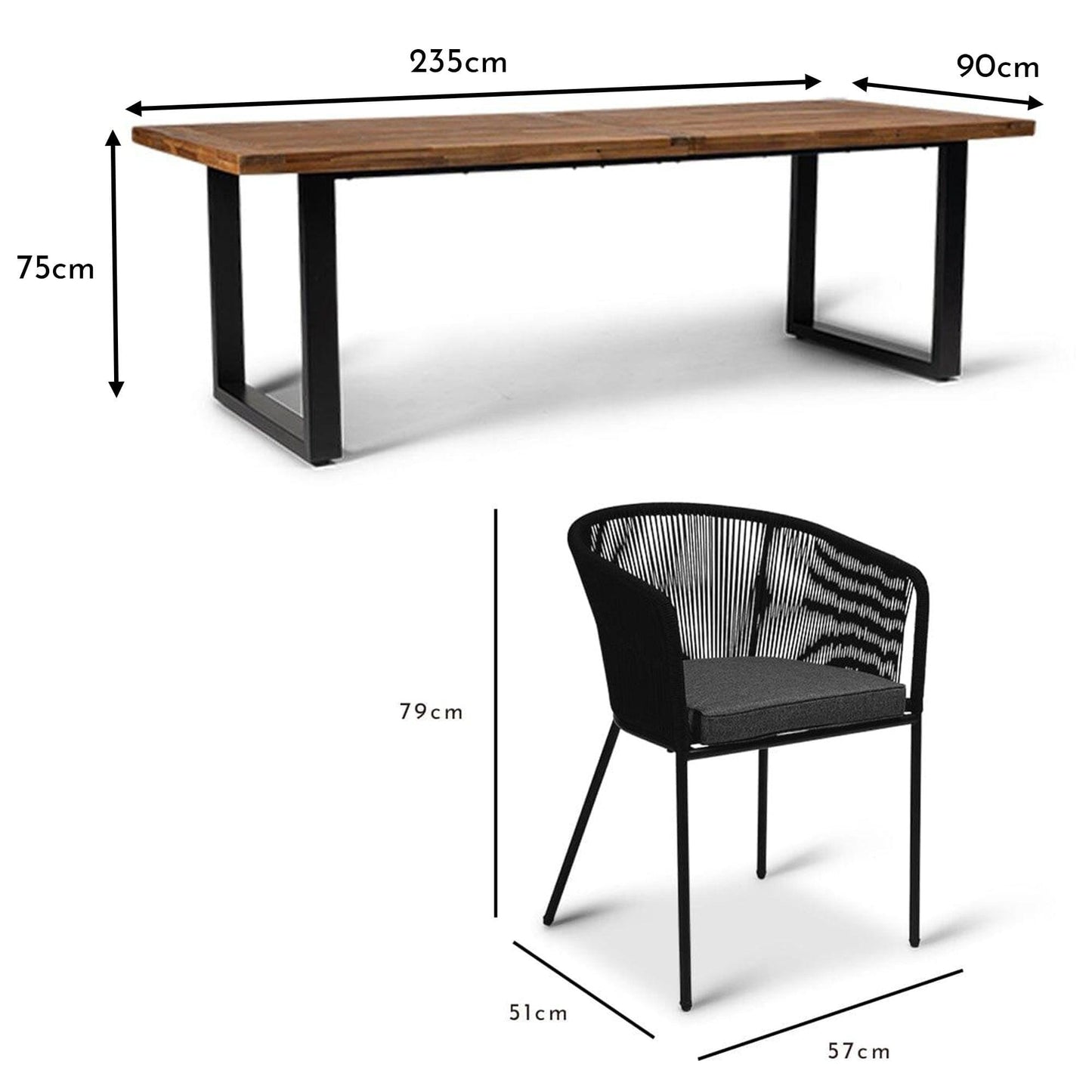 Hali 6 Seater Wooden Outdoor Dining Set with Hali Black Chairs - 235cm