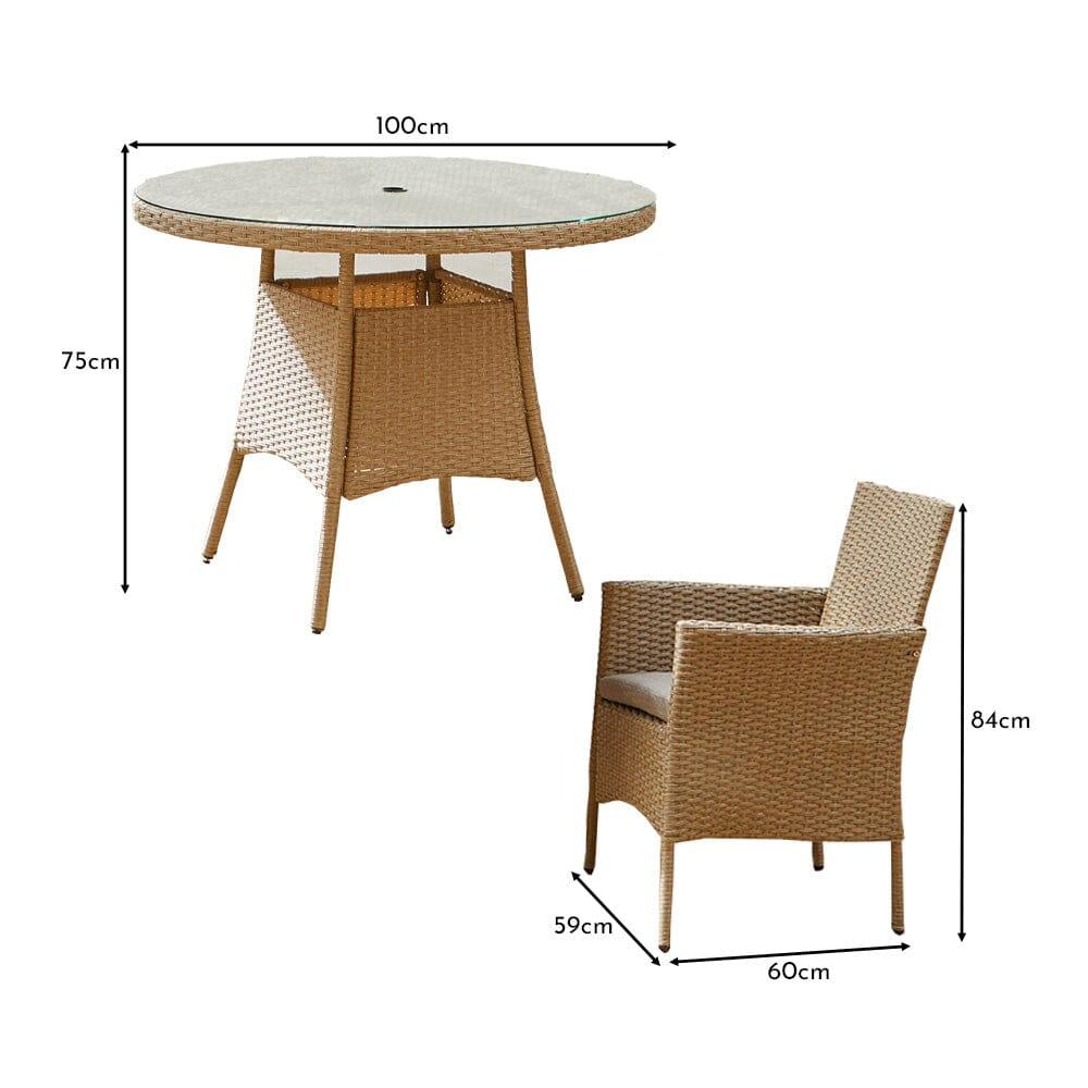 Kemble 4 Seater Rattan Round Outdoor Dining Table & Chair Set - Natural Brown - Laura James