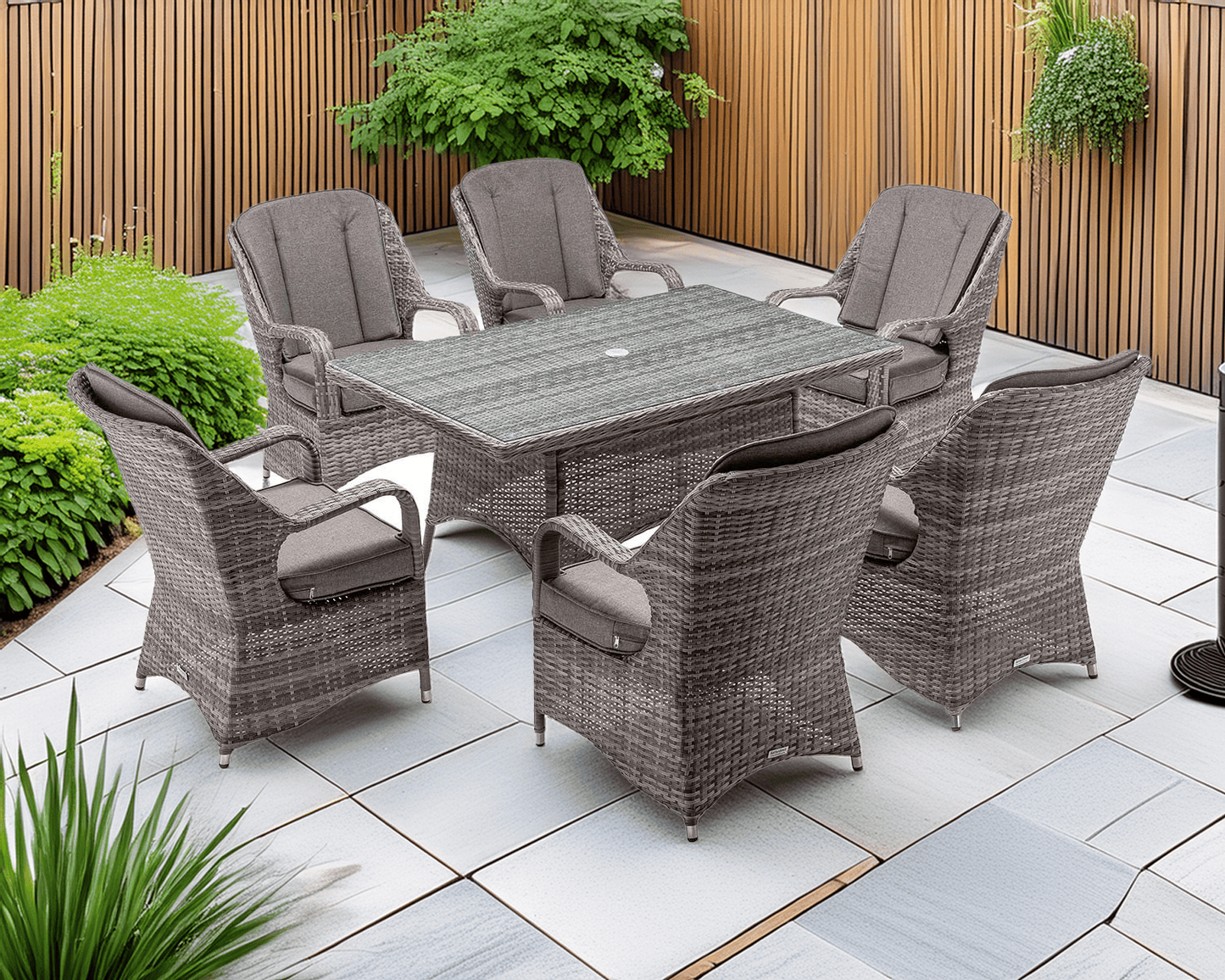 Marseille 6 Rattan Garden Dining Chairs and Rectangular Table in Grey