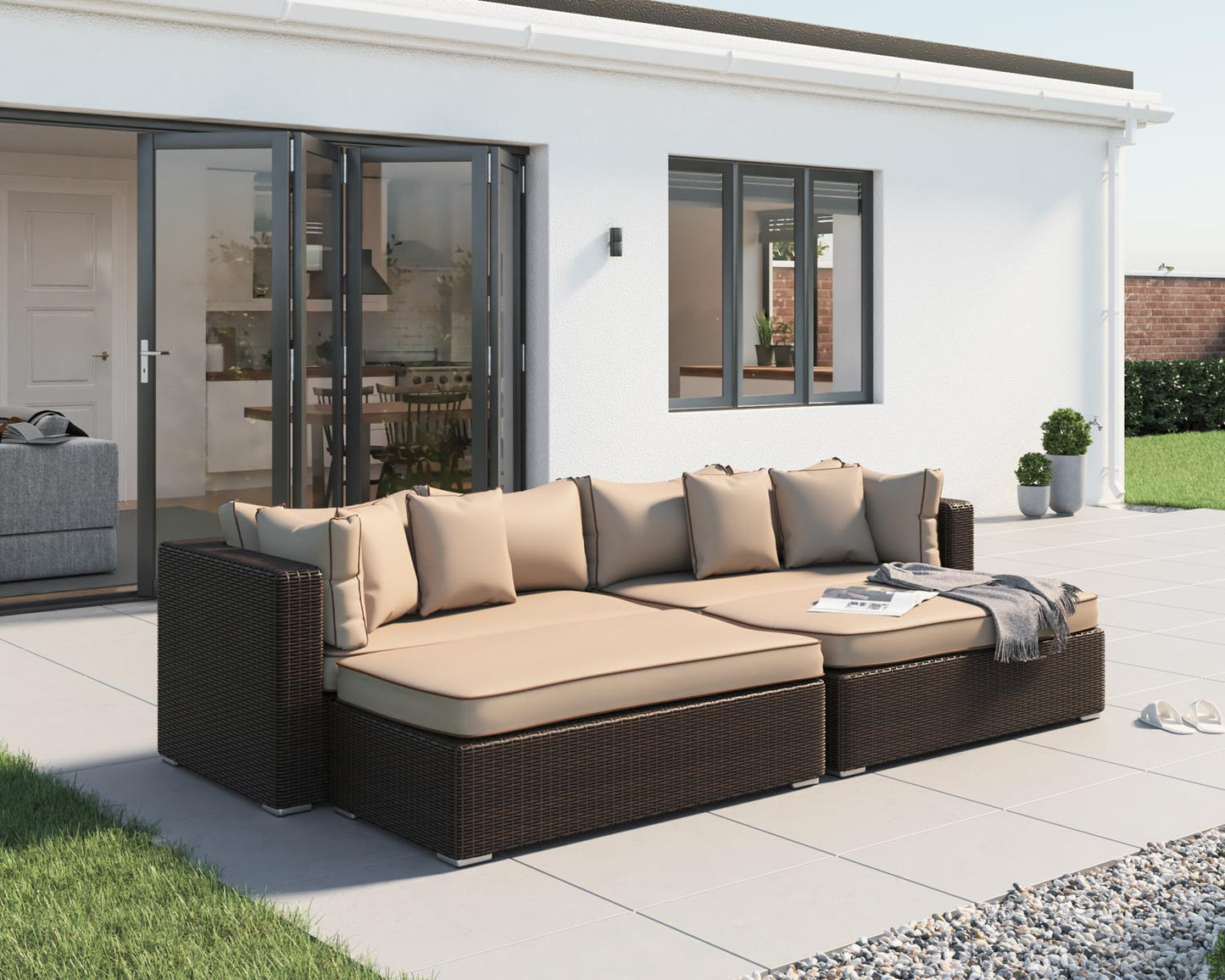 Monaco Rattan Garden Day Bed Sofa Set in Chocolate and Cream