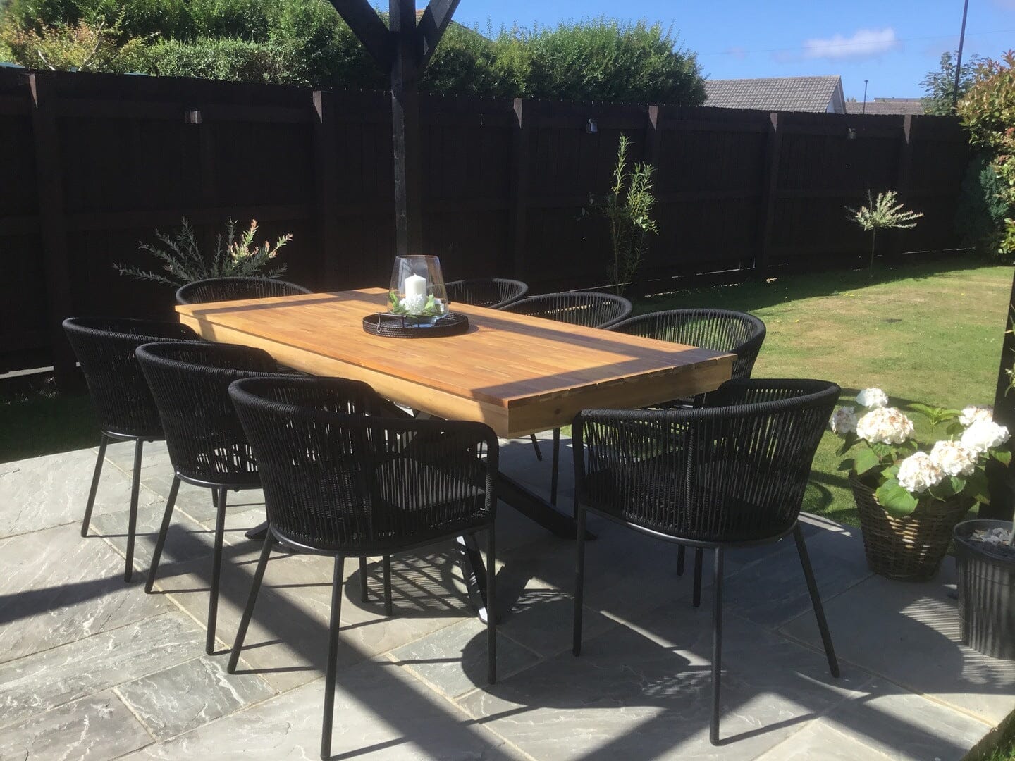 Amelia 8 Seater White Acacia Wood Black Legs Garden Dining Set - Hali Black Chairs