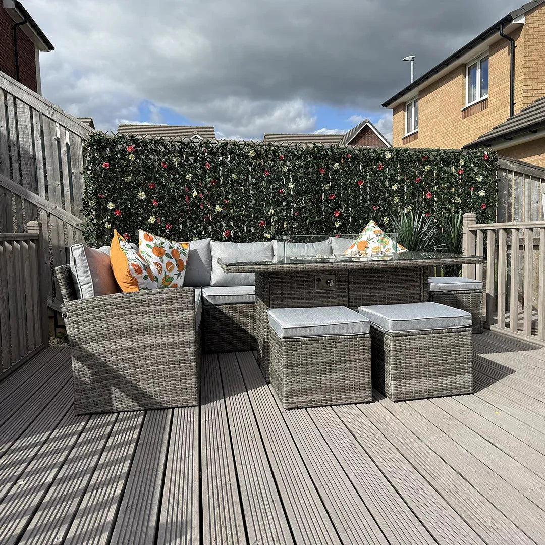 Aston 9 Seater Rattan Garden Corner Sofa Set with Fire Pit - Grey Weave - Laura James