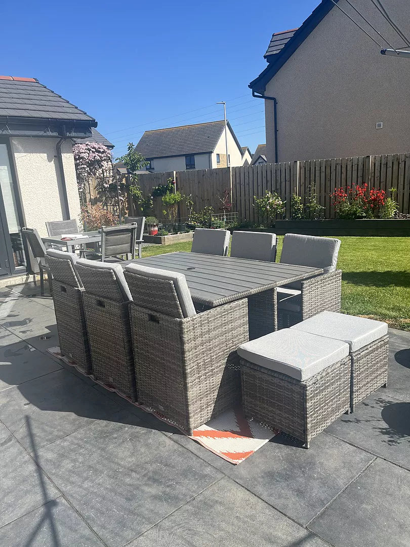10 Seater Rattan Cube Outdoor Dining Set - Grey Weave Polywood Top - Laura James