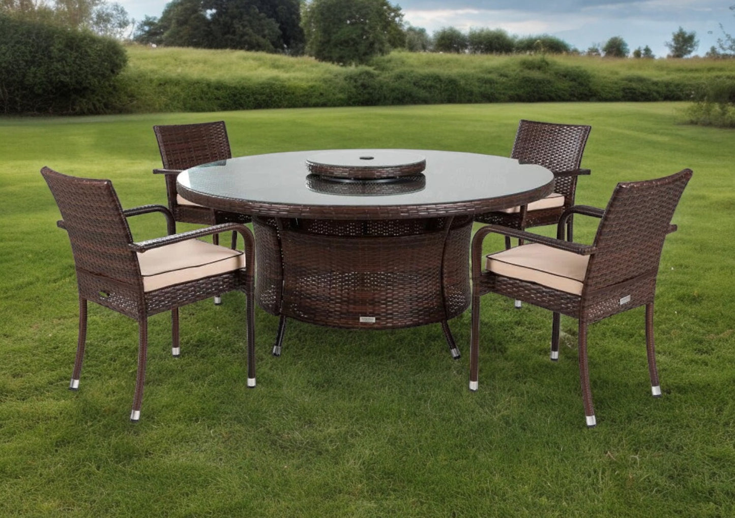 Roma 4 Rattan Garden Chairs, Large Round Table and Lazy Susan Set in Chocolate and Cream