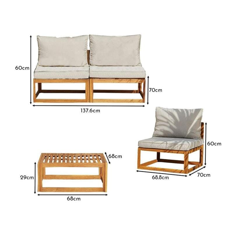Rowan Wooden Garden Set with 2 Seater Sofa - 2 Chairs with Coffee Table - Natural - Laura James