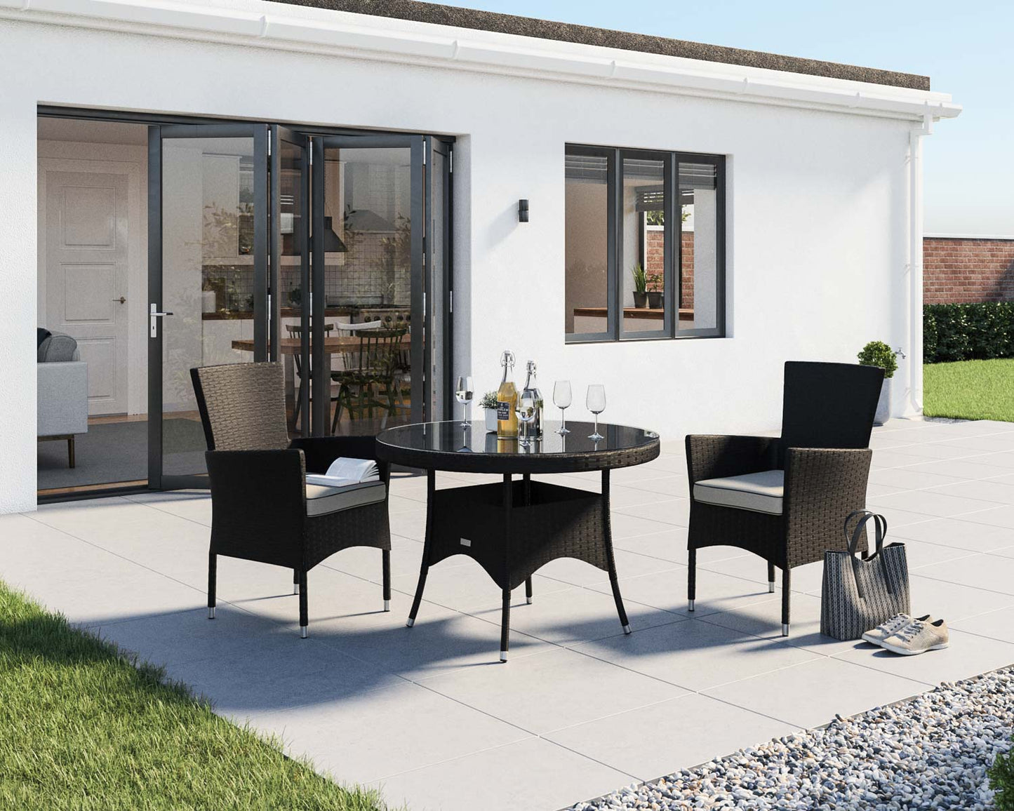 Cambridge 2 Rattan Garden Chairs and Small Round Table Set in Black and Vanilla