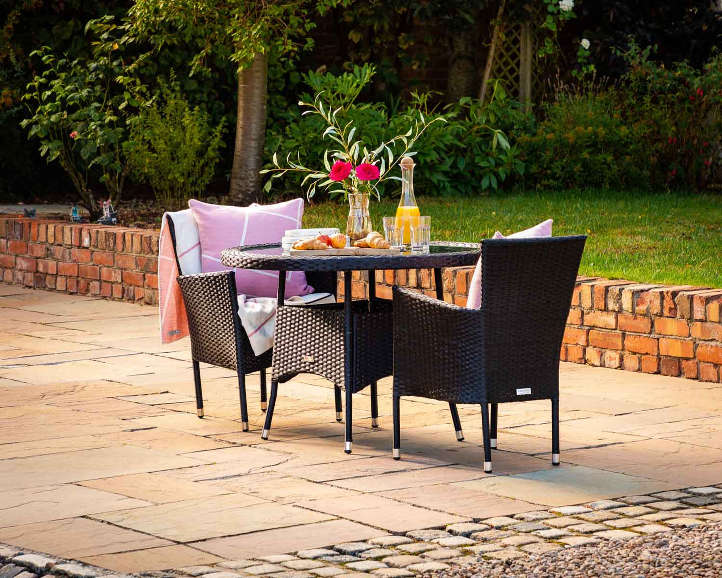 Cambridge 2 Rattan Garden Chairs and Small Round Table Set in Black and Vanilla