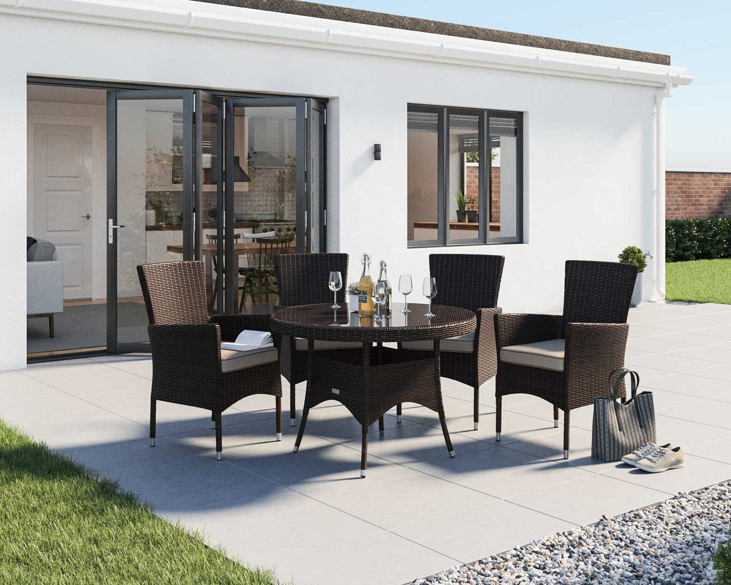 Cambridge 4 Rattan Garden Chairs and Small Round Dining Table Set in Chocolate and Cream