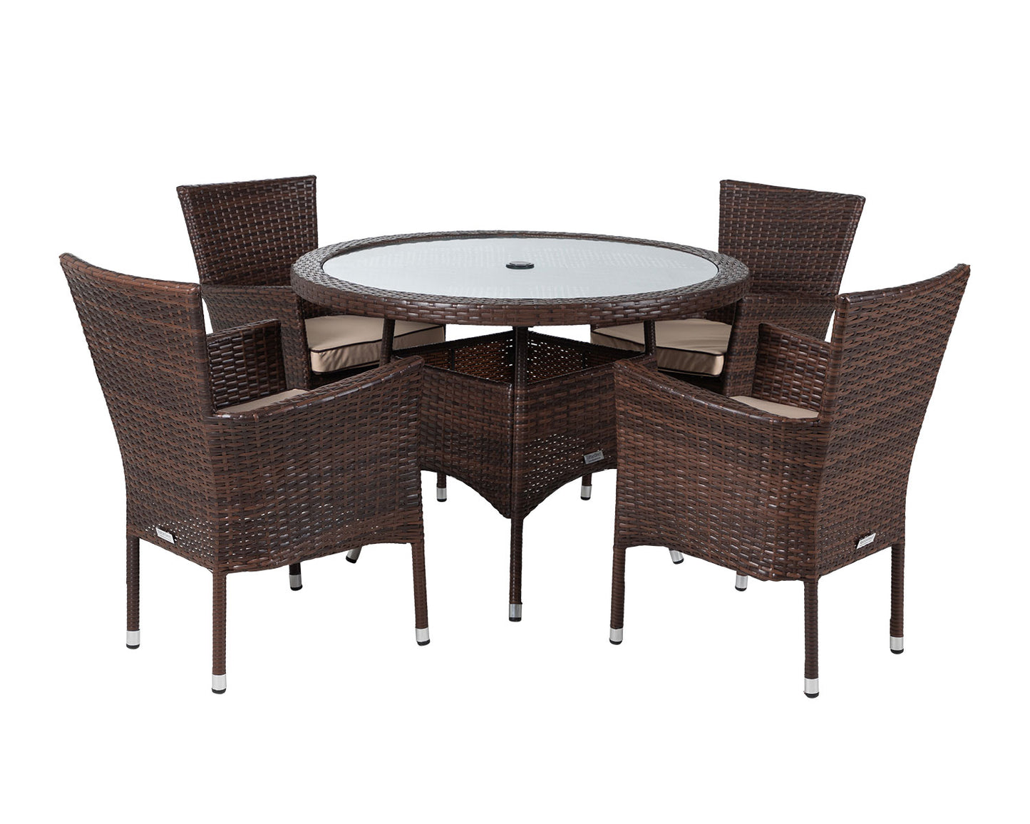 Cambridge 4 Rattan Garden Chairs and Small Round Dining Table Set in Chocolate and Cream