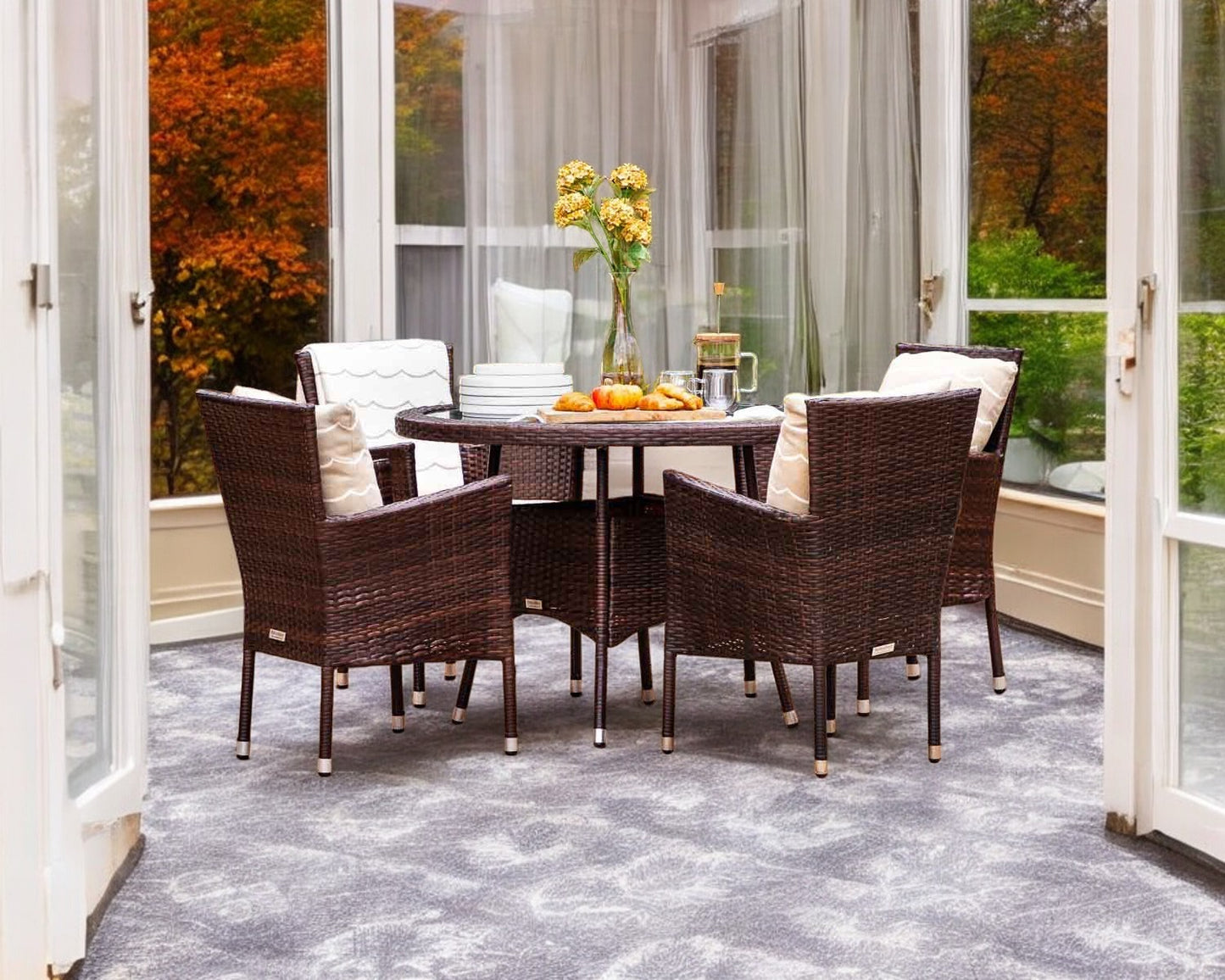 Cambridge 4 Rattan Garden Chairs and Small Round Dining Table Set in Chocolate and Cream