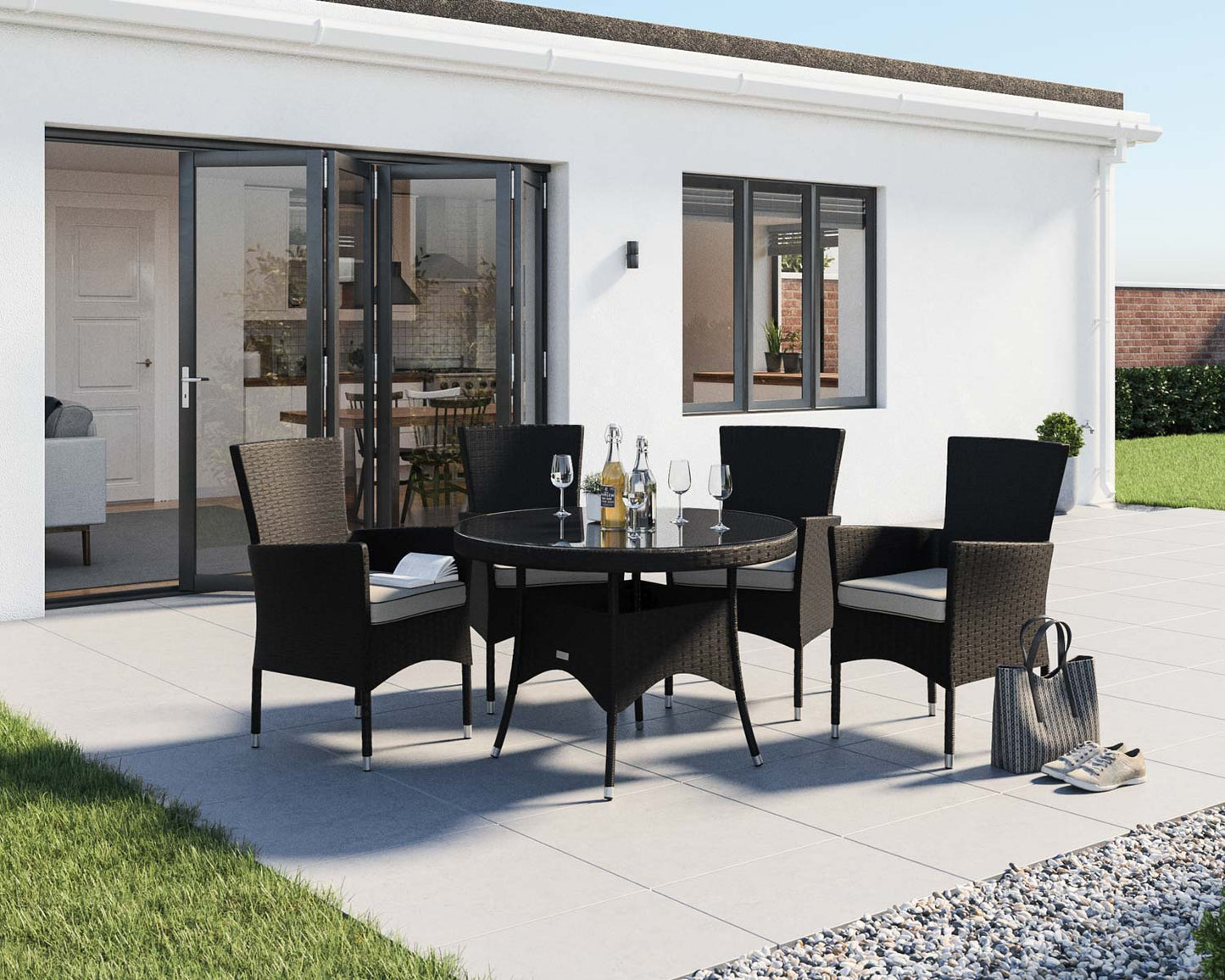 Cambridge 4 Rattan Garden Chairs and Small Round Dining Table Set in Black and Vanilla