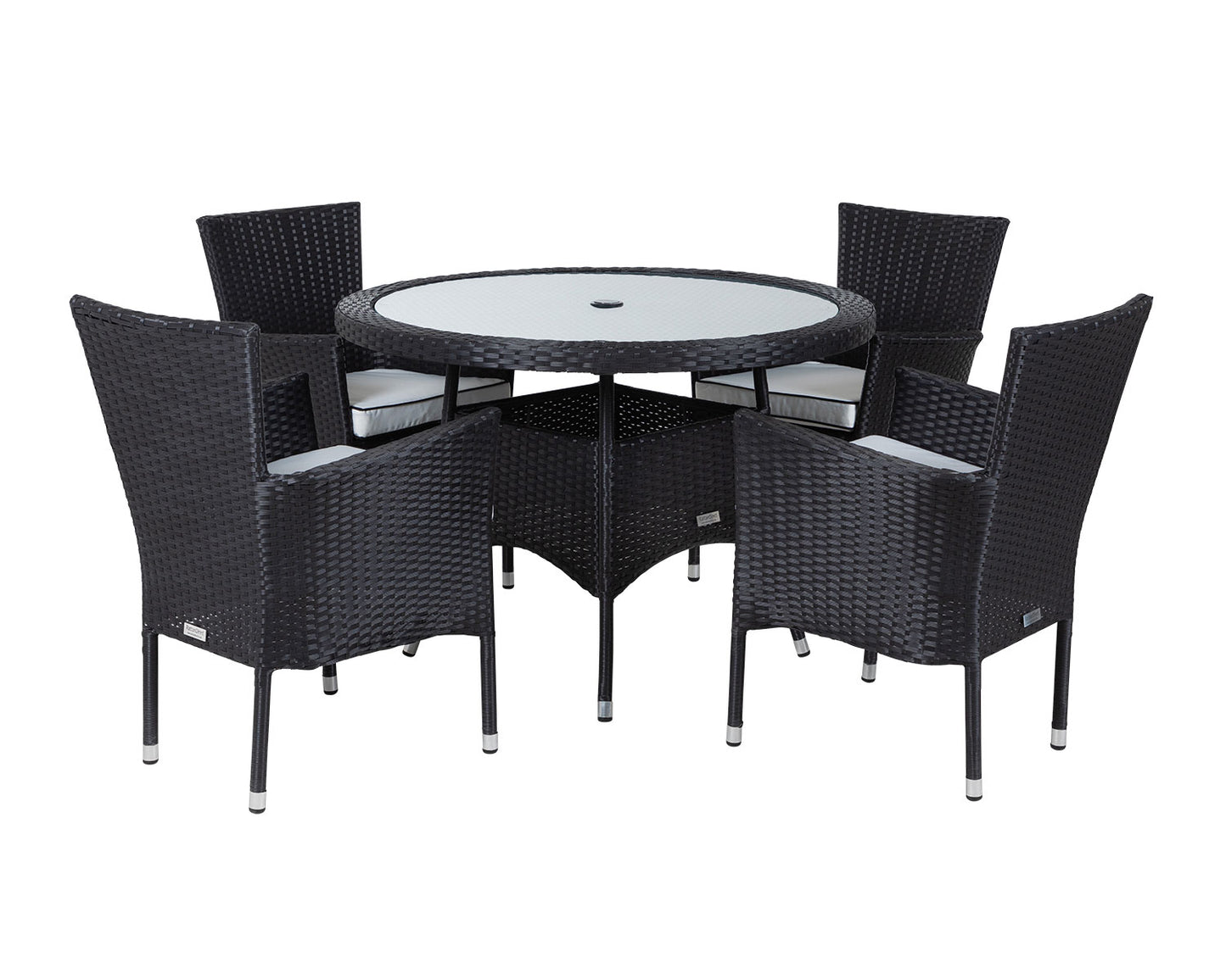 Cambridge 4 Rattan Garden Chairs and Small Round Dining Table Set in Black and Vanilla