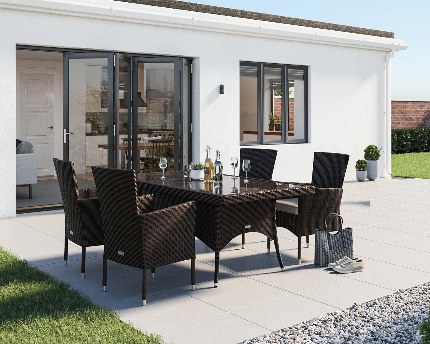 Cambridge 4 Rattan Garden Chairs and Rectangular Dining Table Set in Chocolate and Cream