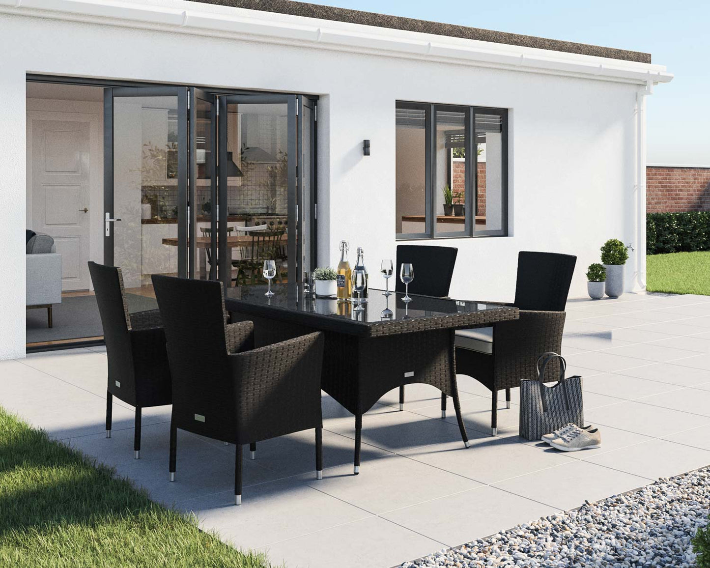 Cambridge 4 Rattan Garden Chairs and Rectangular Dining Table Set in Black and Vanilla