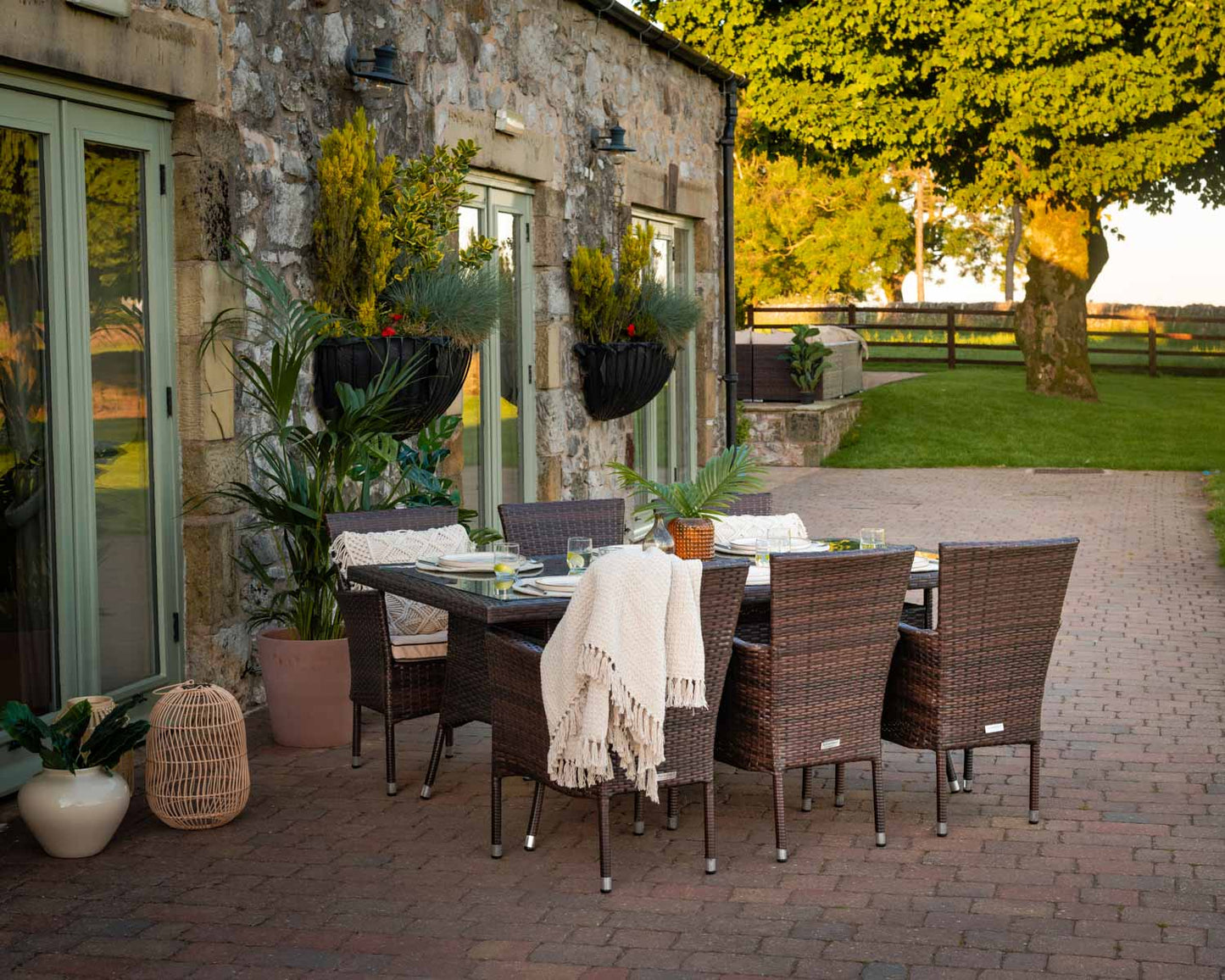 Cambridge 6 Rattan Garden Chairs and Rectangular Dining Table Set in Chocolate and Cream