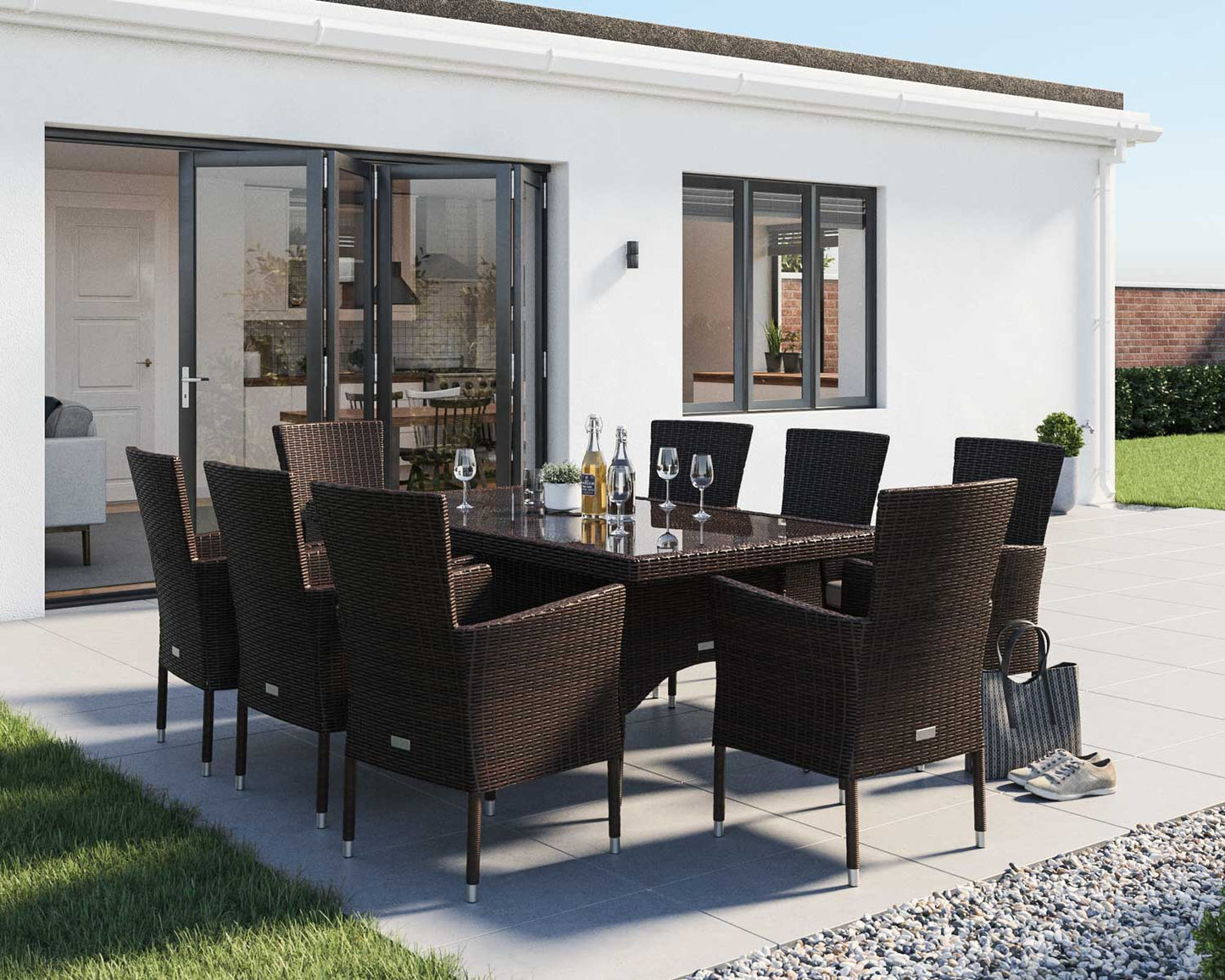 Cambridge 8 Rattan Garden Chairs and Rectangular Dining Table Set in Chocolate and Cream