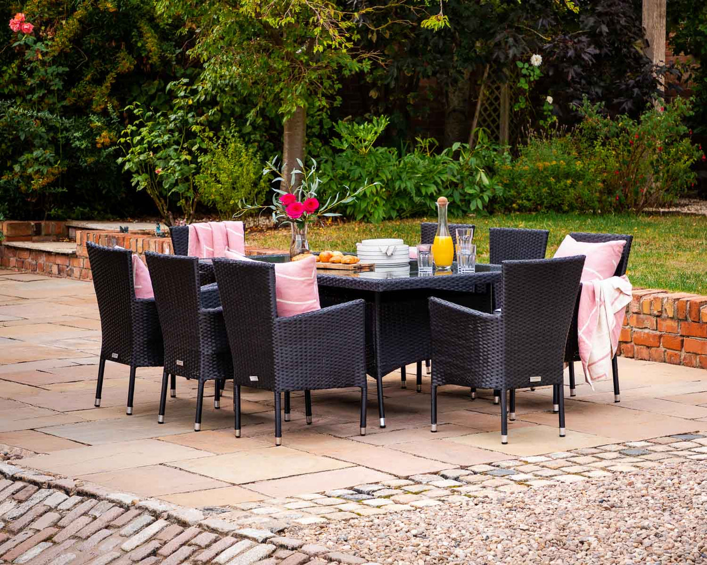 Cambridge 8 Rattan Garden Chairs and Rectangular Dining Table Set in Black and Vanilla