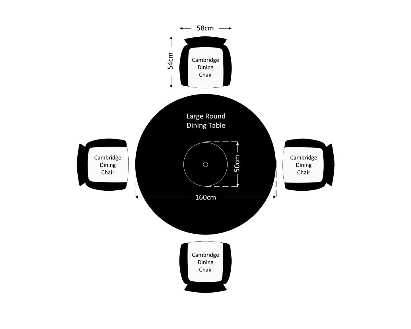 Cambridge 4 Rattan Garden Chairs and Large Round Dining Table Set in Black and Vanilla