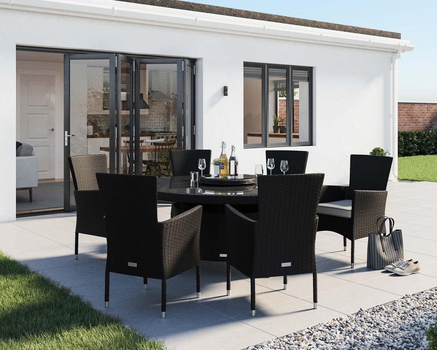 Cambridge 6 Chairs and Large Round Dining Table Set in Black and Vanilla