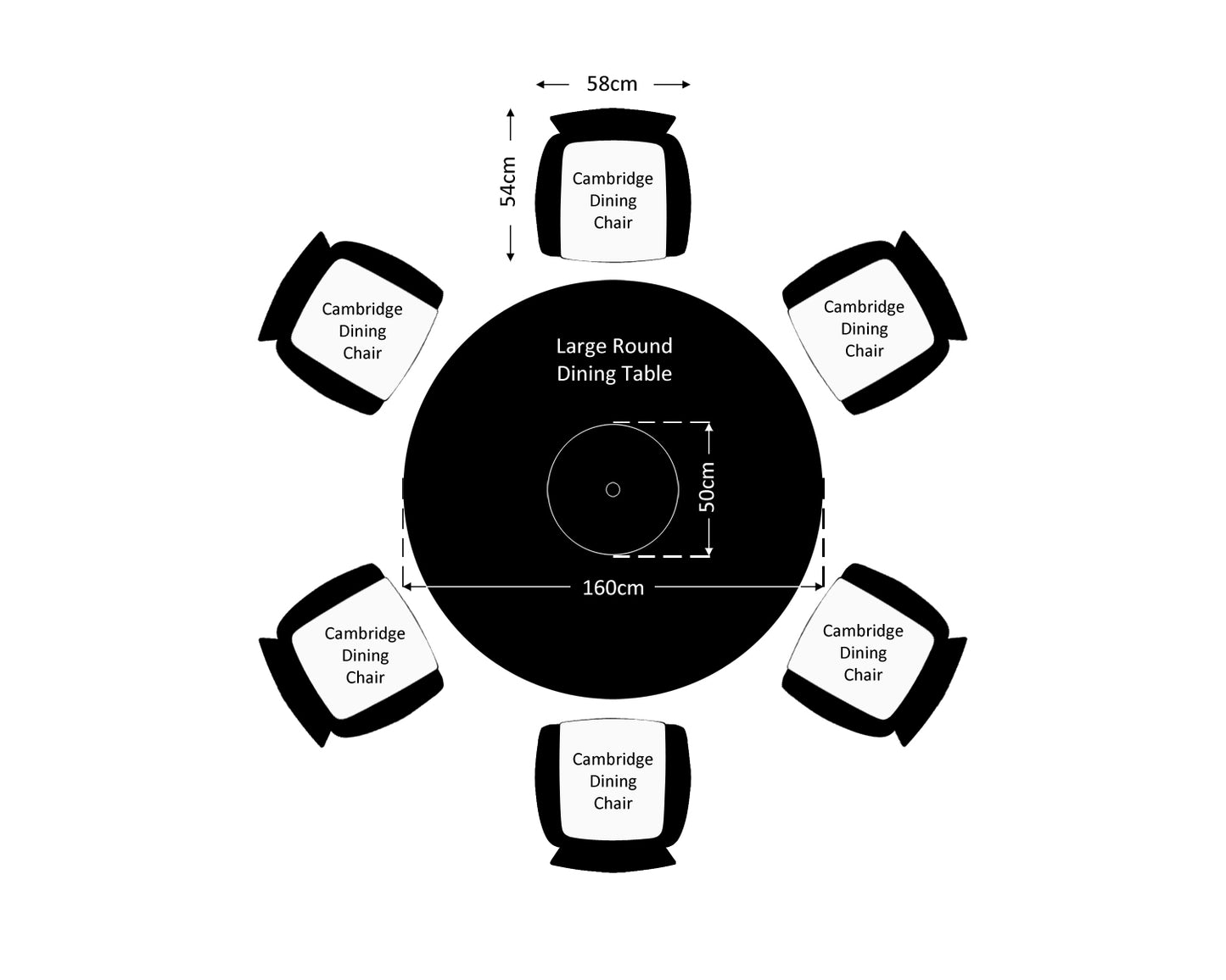 Cambridge 6 Chairs and Large Round Dining Table Set in Black and Vanilla