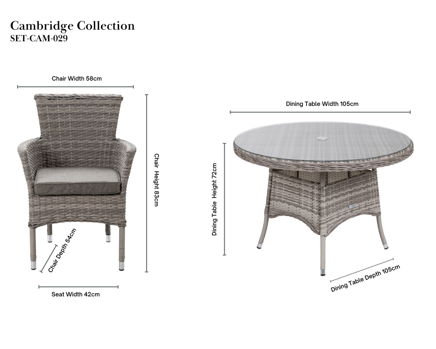 Cambridge 2 Rattan Chairs and Small Round Table Set in Grey